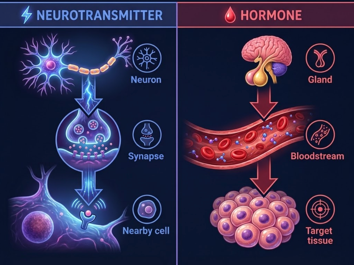 Visual comparison diagram of neurotransmitter communication at the synapse versus hormone communication through the bloodstream