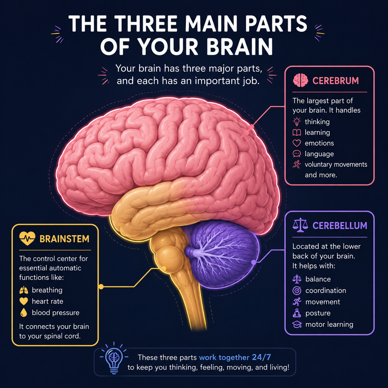 Diagram showing the three main parts of the brain: cerebrum, cerebellum and brainstem