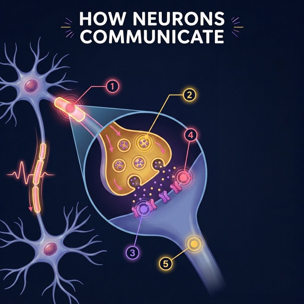 Diagram showing how neurons communicate, with numbered steps 1 through 5
